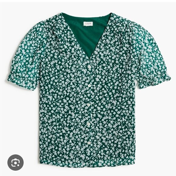 J. Crew Floral Puff Sleeve Green and White Blouse XS - Picture 1 of 3